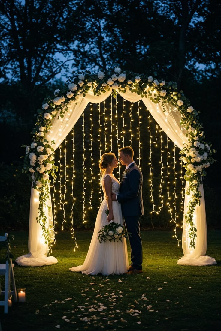 Couple de mariés sous une arche fleurie et un rideau de guirlandes lumineuses, à la nuit tombée