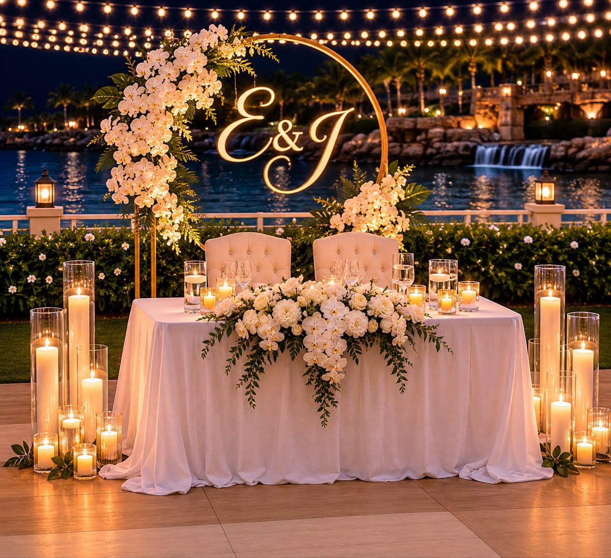 Table d'honneur au bord de l'eau avec cercle doré, orchidées et bougies